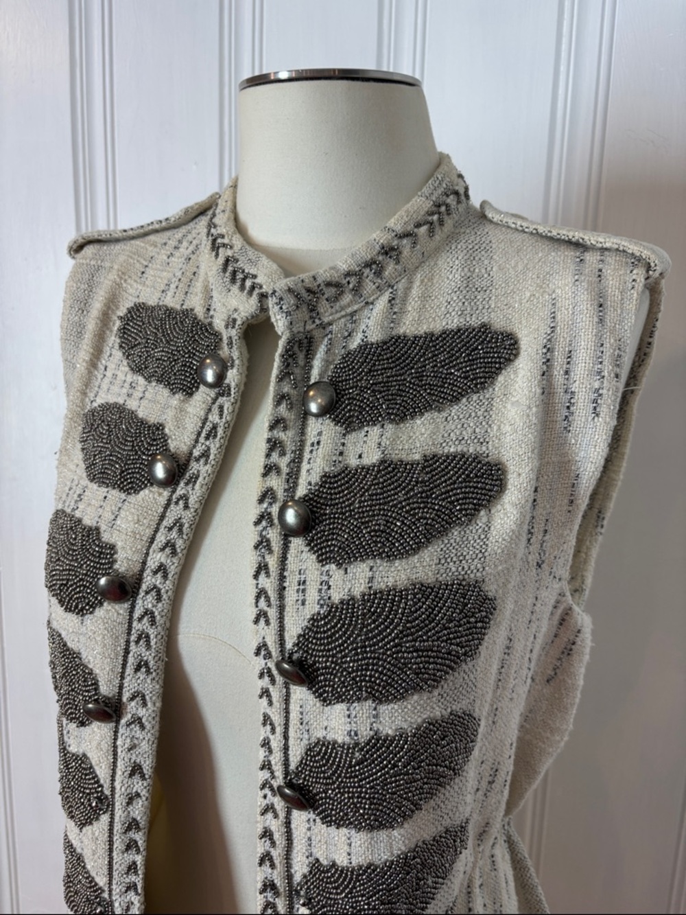 ZARA Woman Beaded Military Tweed Vest Fringe Boho Alexis Rose - Size Small